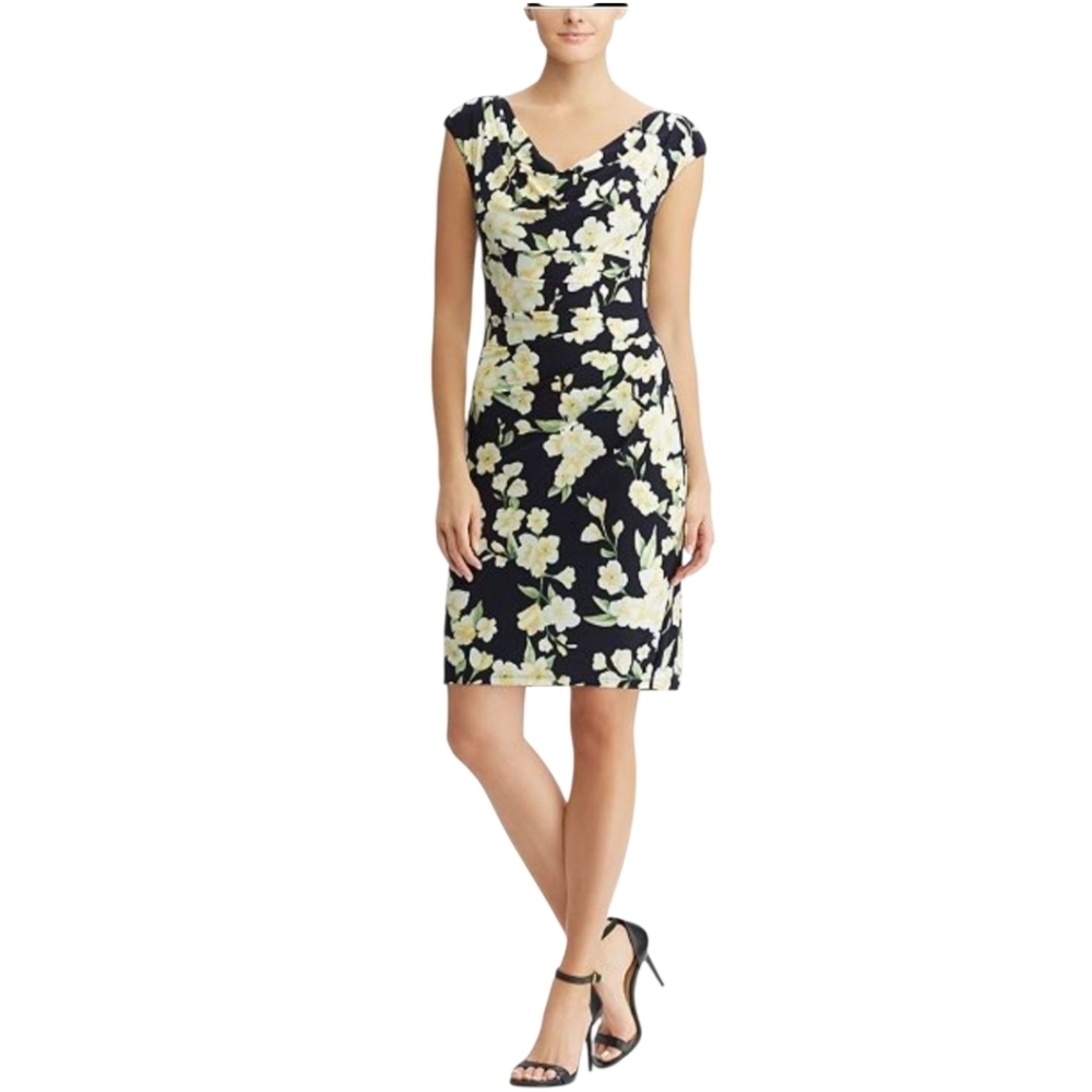 Lauren by Ralph Lauren Black Floral Sleeveless Dress Size 8 Petite